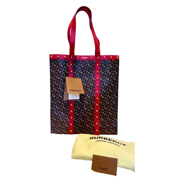 NEW Burberry Red Brown Studded Book Tote Bag - Picture 8 of 9
